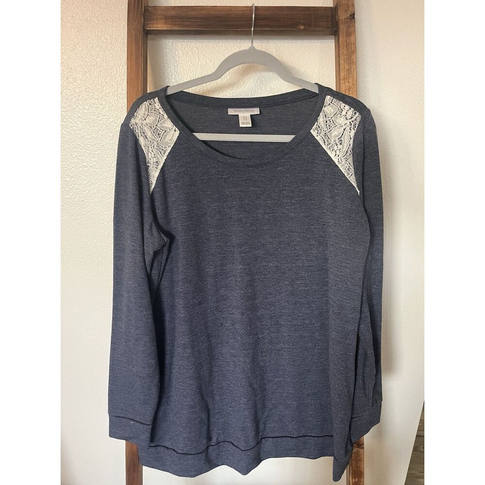 Motherhood Maternity Gray Knit Scoop Neck Lace Accent Long Sleeve Blouse L